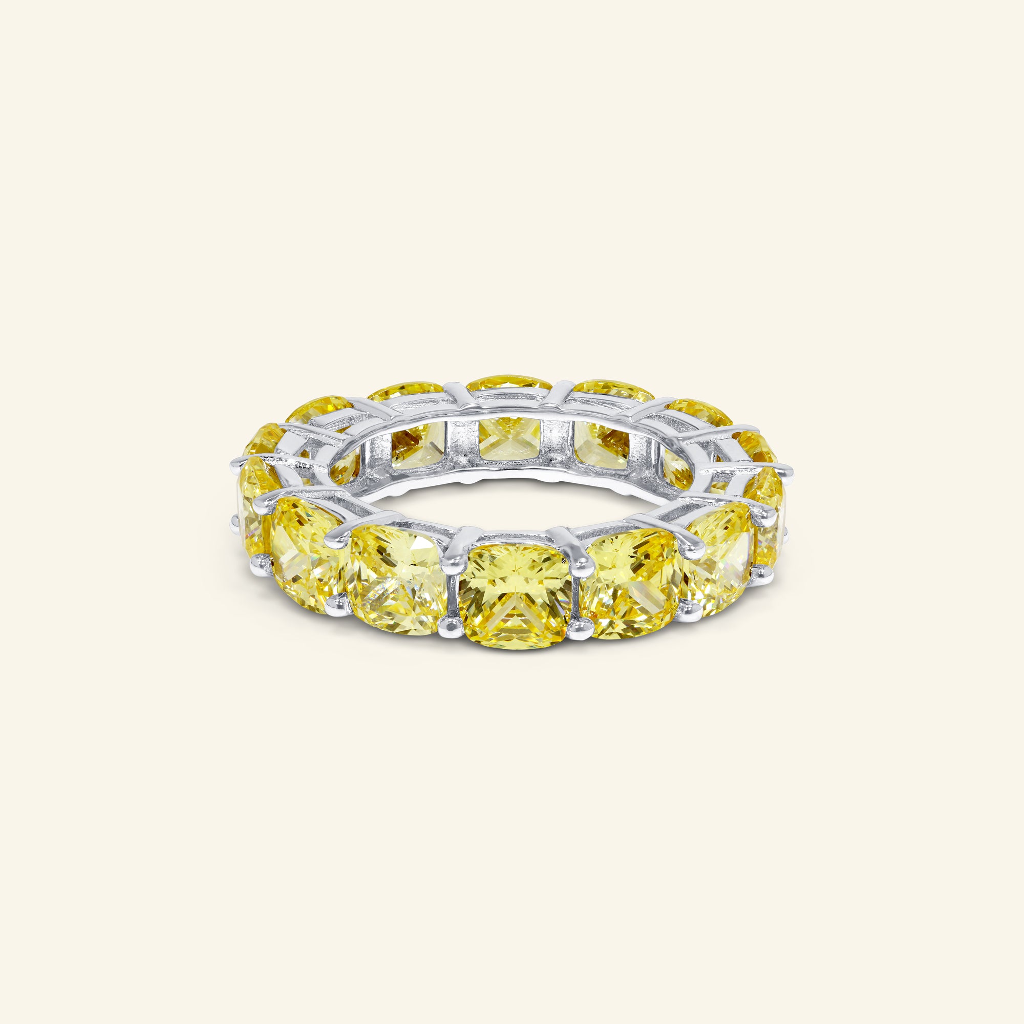Solenne cushion cut yellow eternity ring in sterling silver by Arvion Jewelry