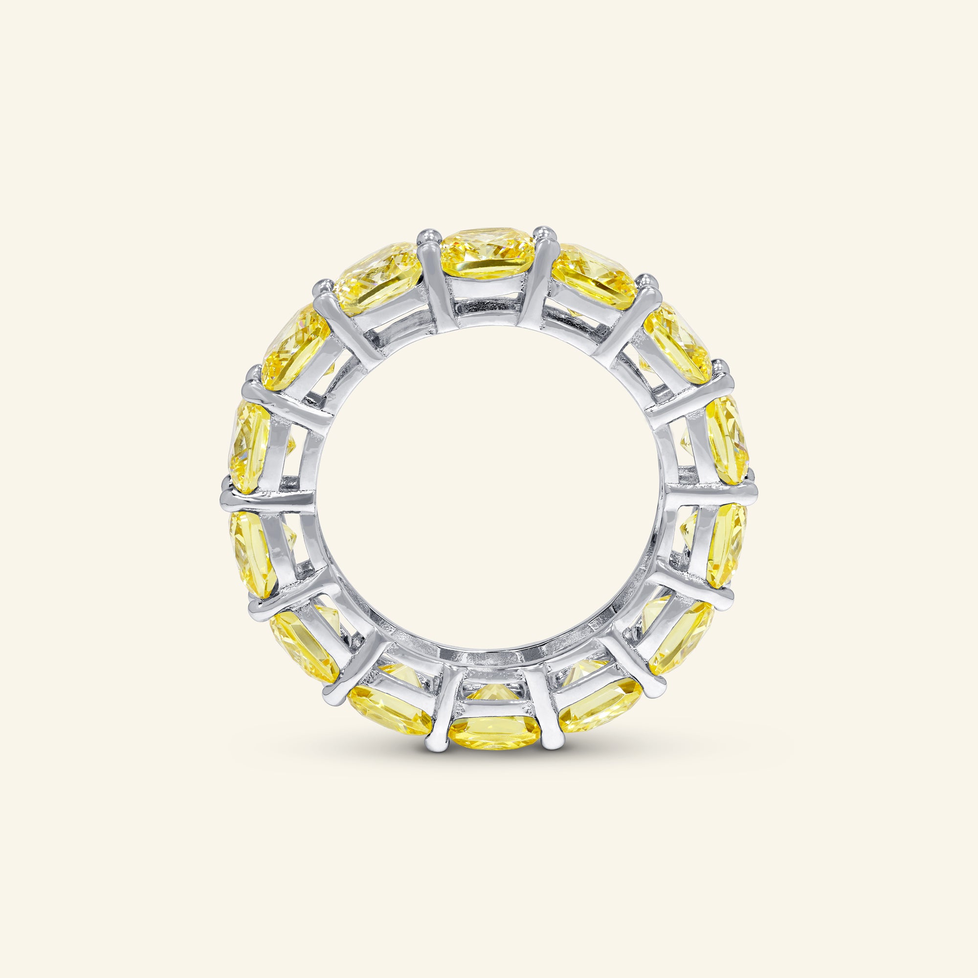 Solenne cushion cut yellow eternity ring in sterling silver by Arvion Jewelry