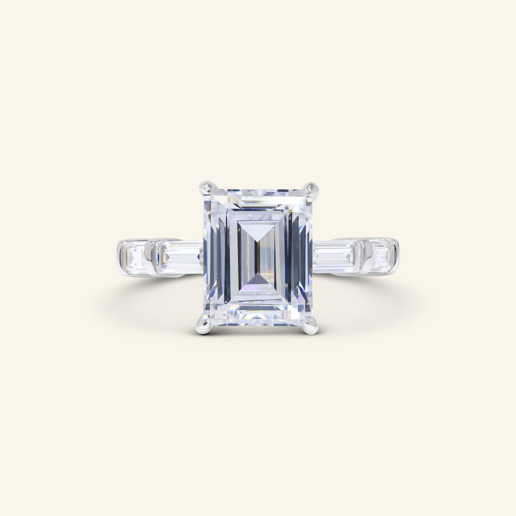 ﻿Legacy emerald cut three stone ring with baguette side stones in sterling silver by Arvion Jewelry