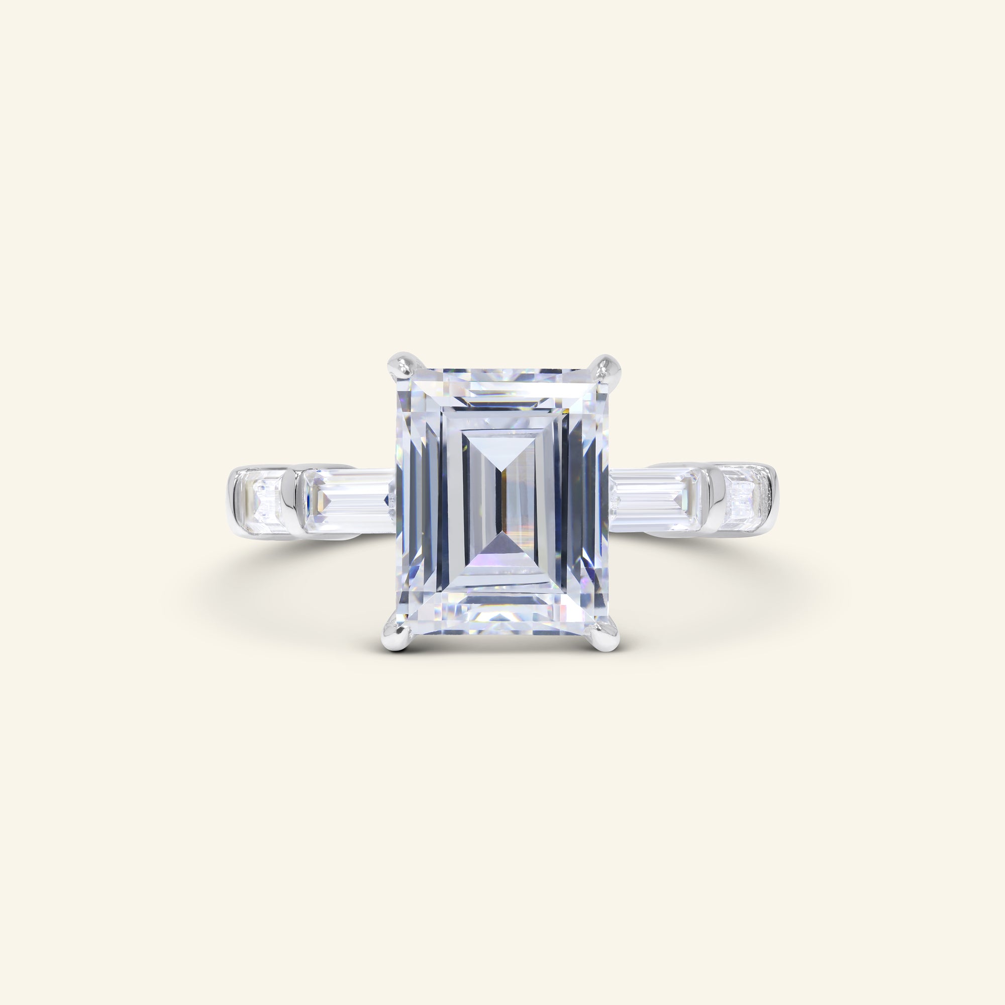 ﻿Legacy emerald cut three stone ring with baguette side stones in sterling silver by Arvion Jewelry