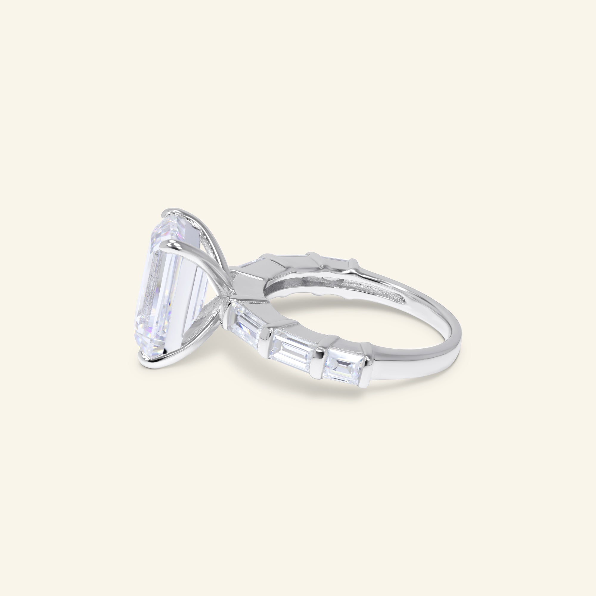 Legacy emerald cut three stone ring with baguette side stones in sterling silver by Arvion Jewelry