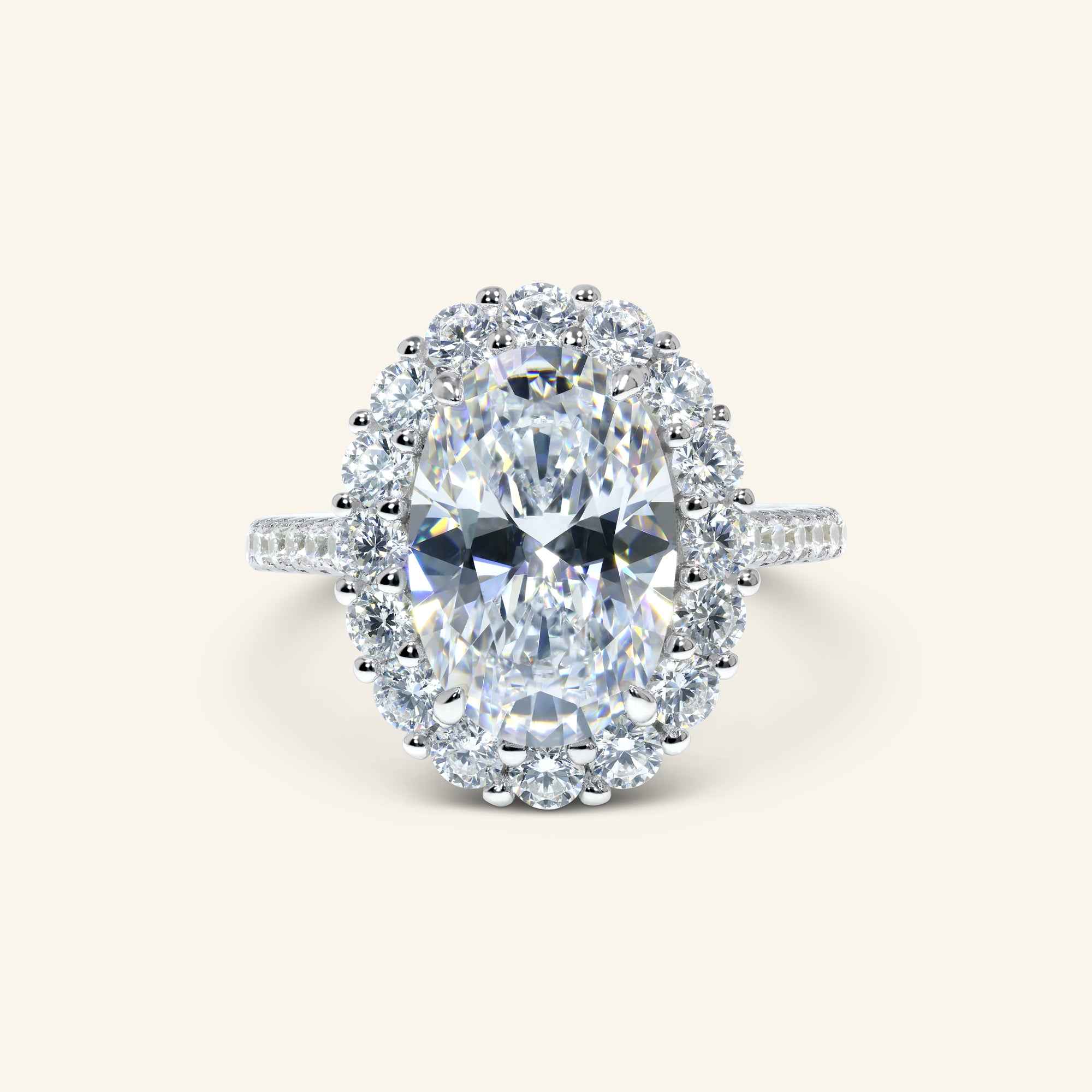 Valeria oval halo ring with pavé band in polished sterling silver by Arvion Jewelry