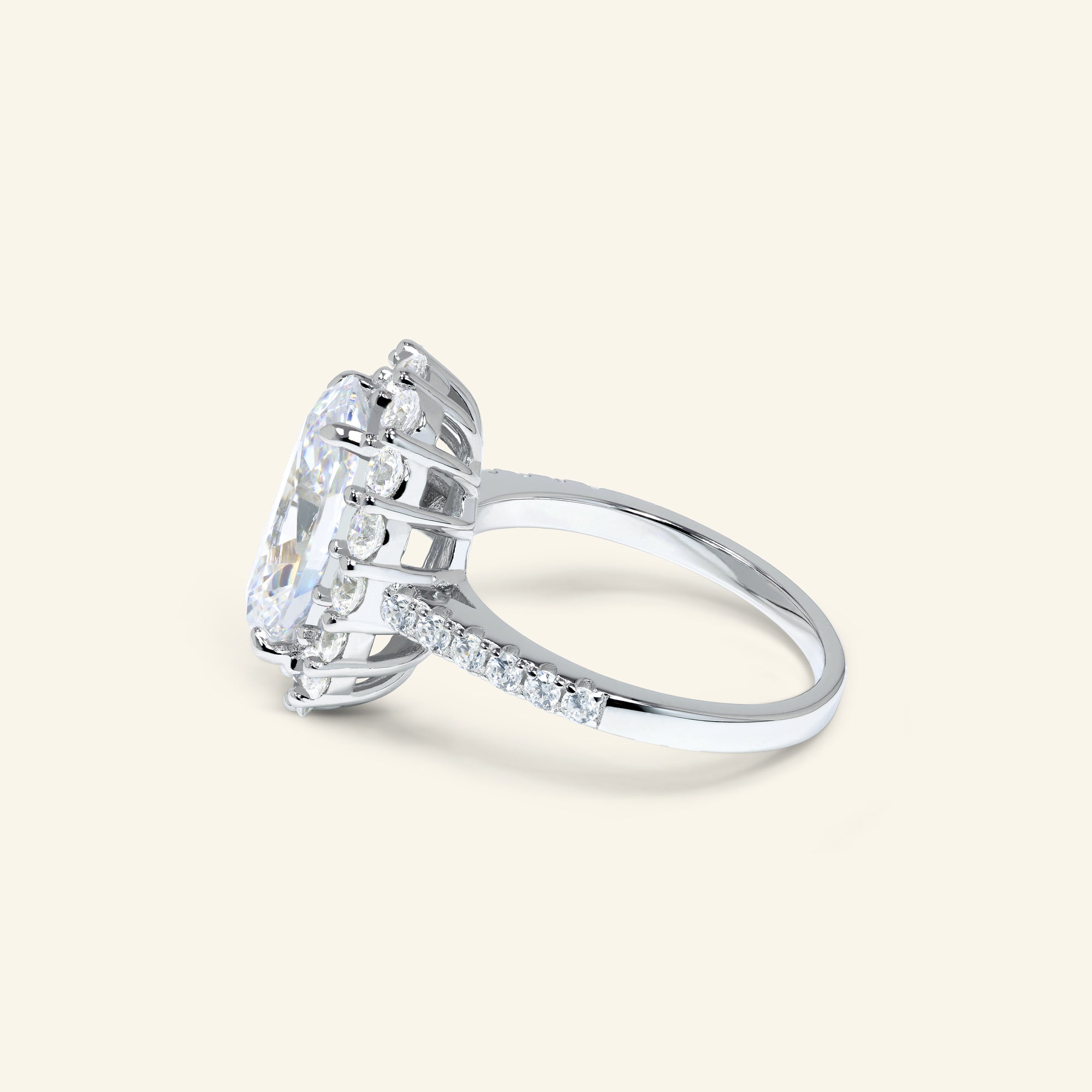 Valeria oval halo ring with pavé band in polished sterling silver by Arvion Jewelry